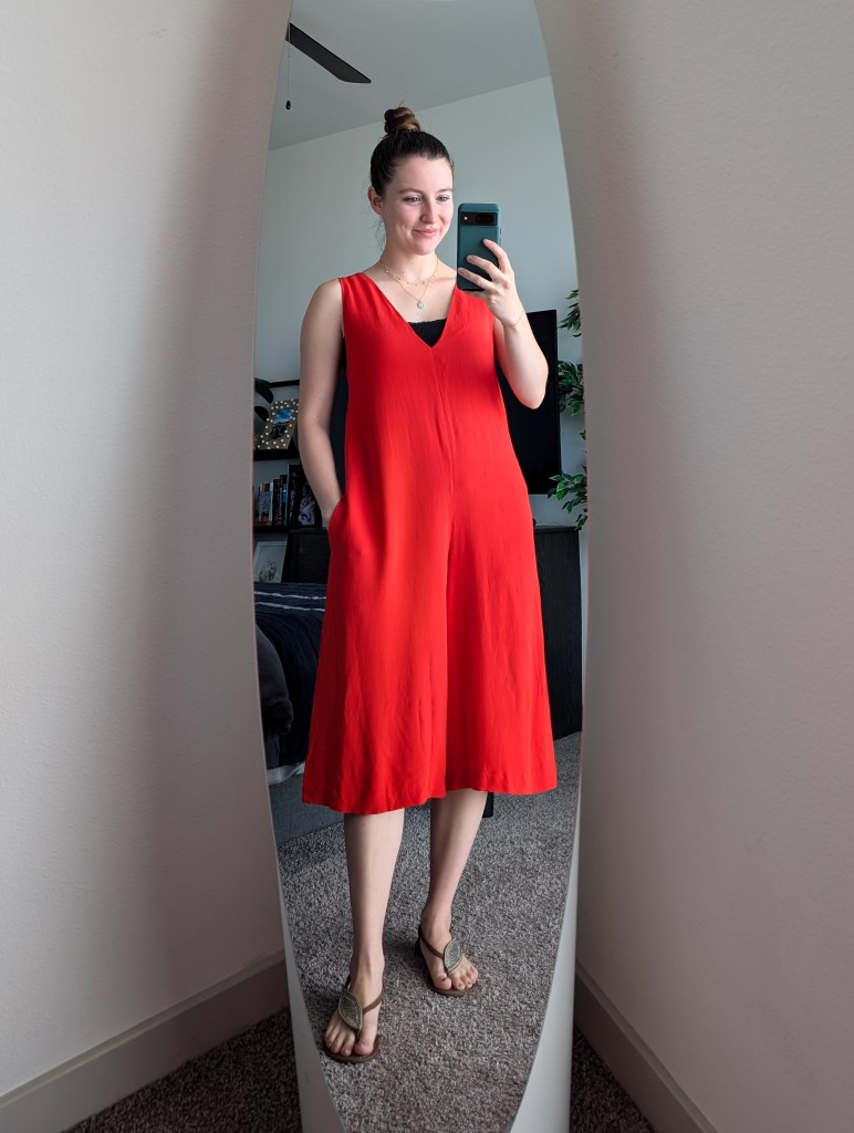 red orange jumpsuit thrifted fashion black cami summer fashion brown sandals