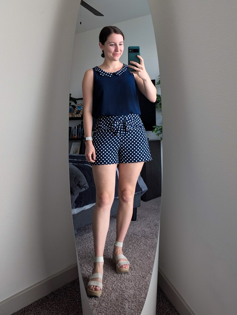navy polka dot collar blouse polka dot bow shorts kohls lc lauren conrad white espadrilles