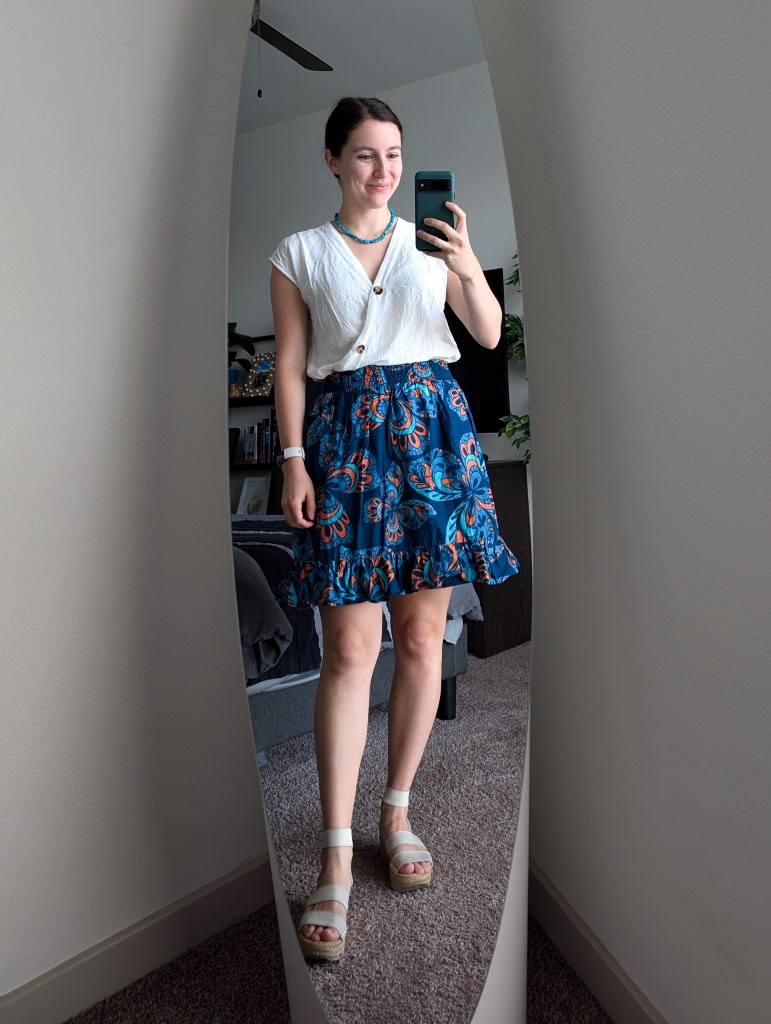 white button blouse blue printed skirt jcpenney white espadrilles summer fashion