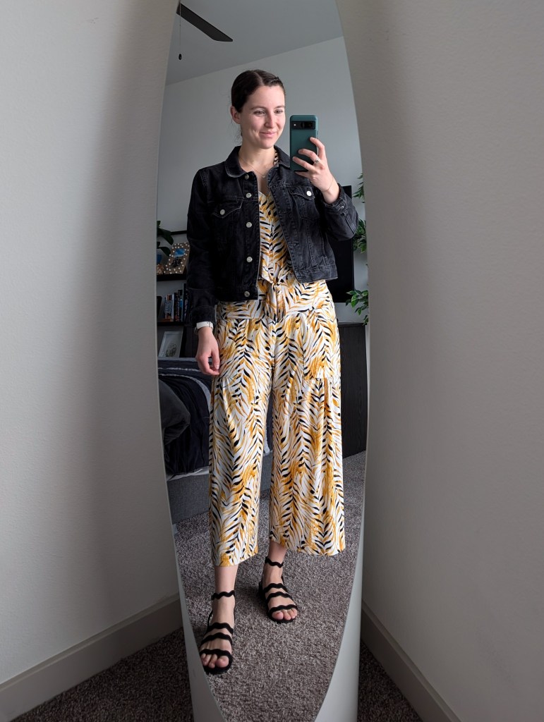 yellow printed set clara sunwoo jumpsuit black denim jacket topshop black sandals