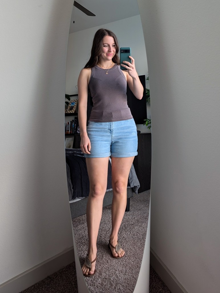 ribbed top old navy denim shorts jcpenney brown sandals