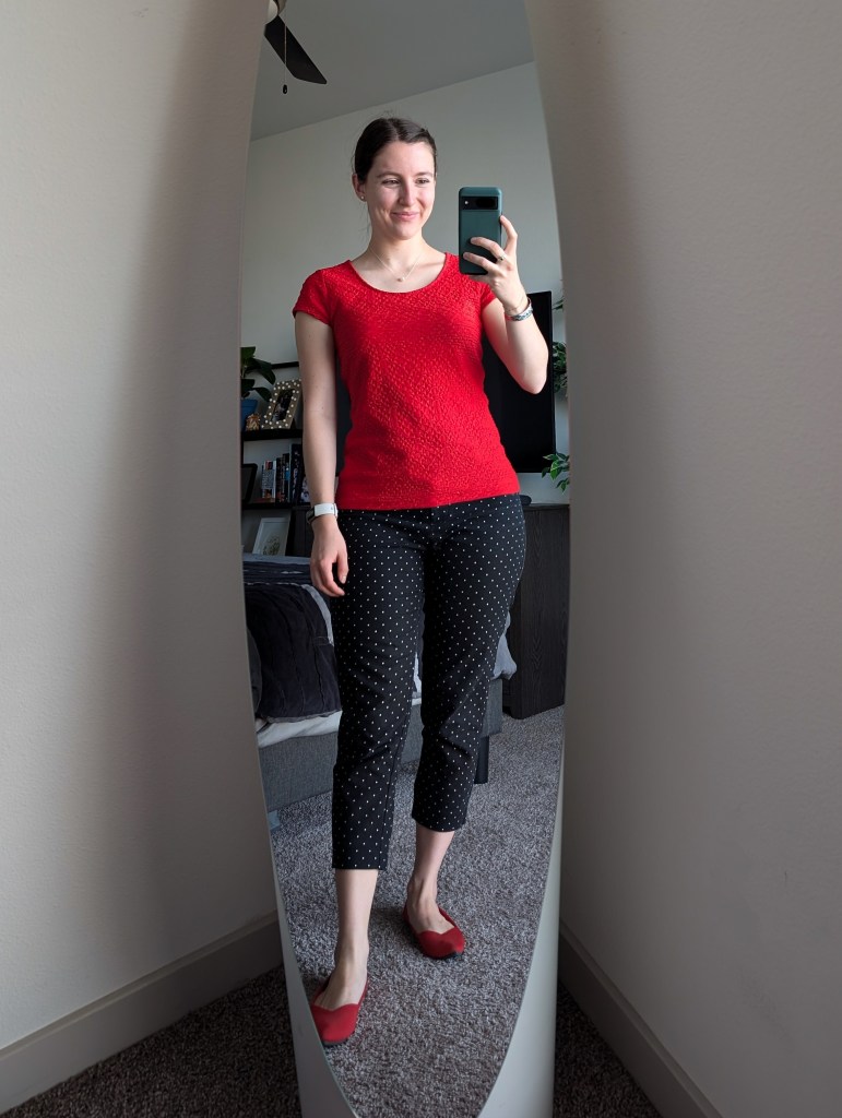 red textured top jcpenney black polka dot trousers business casual red rothys flats