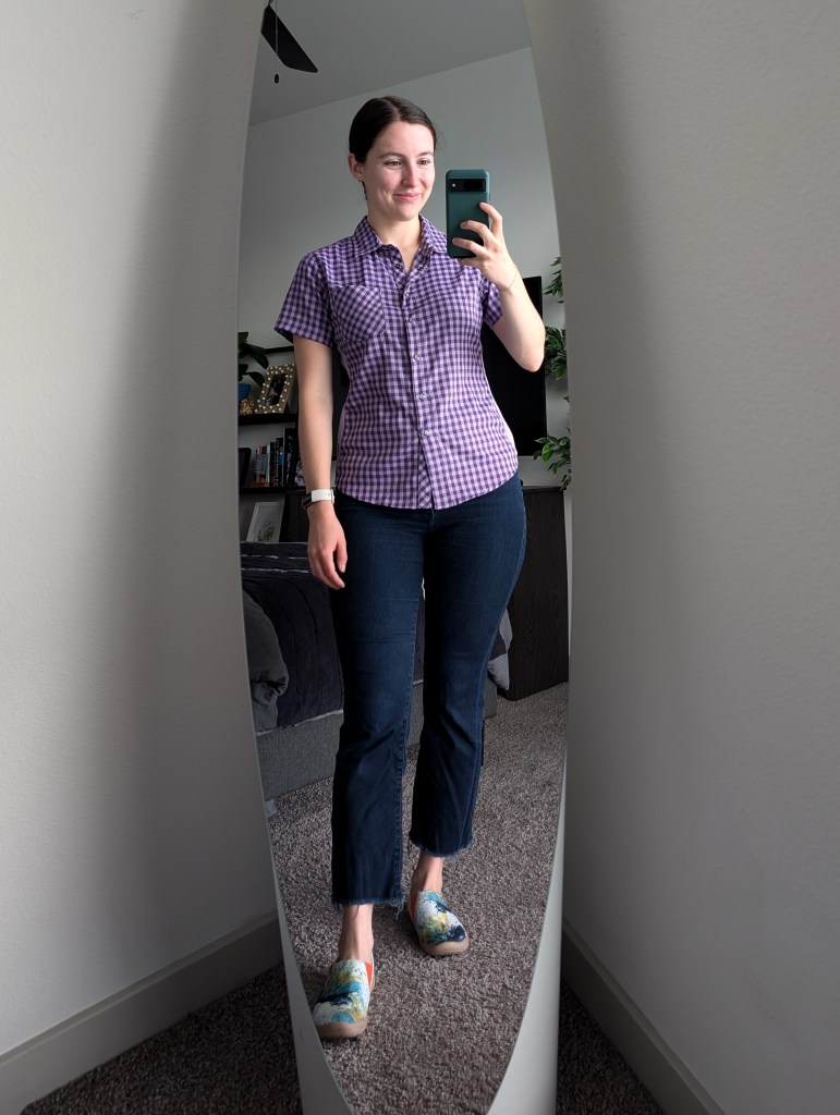 club ride top button down purple gingham cropped flared jeans express uin footwear sneakers