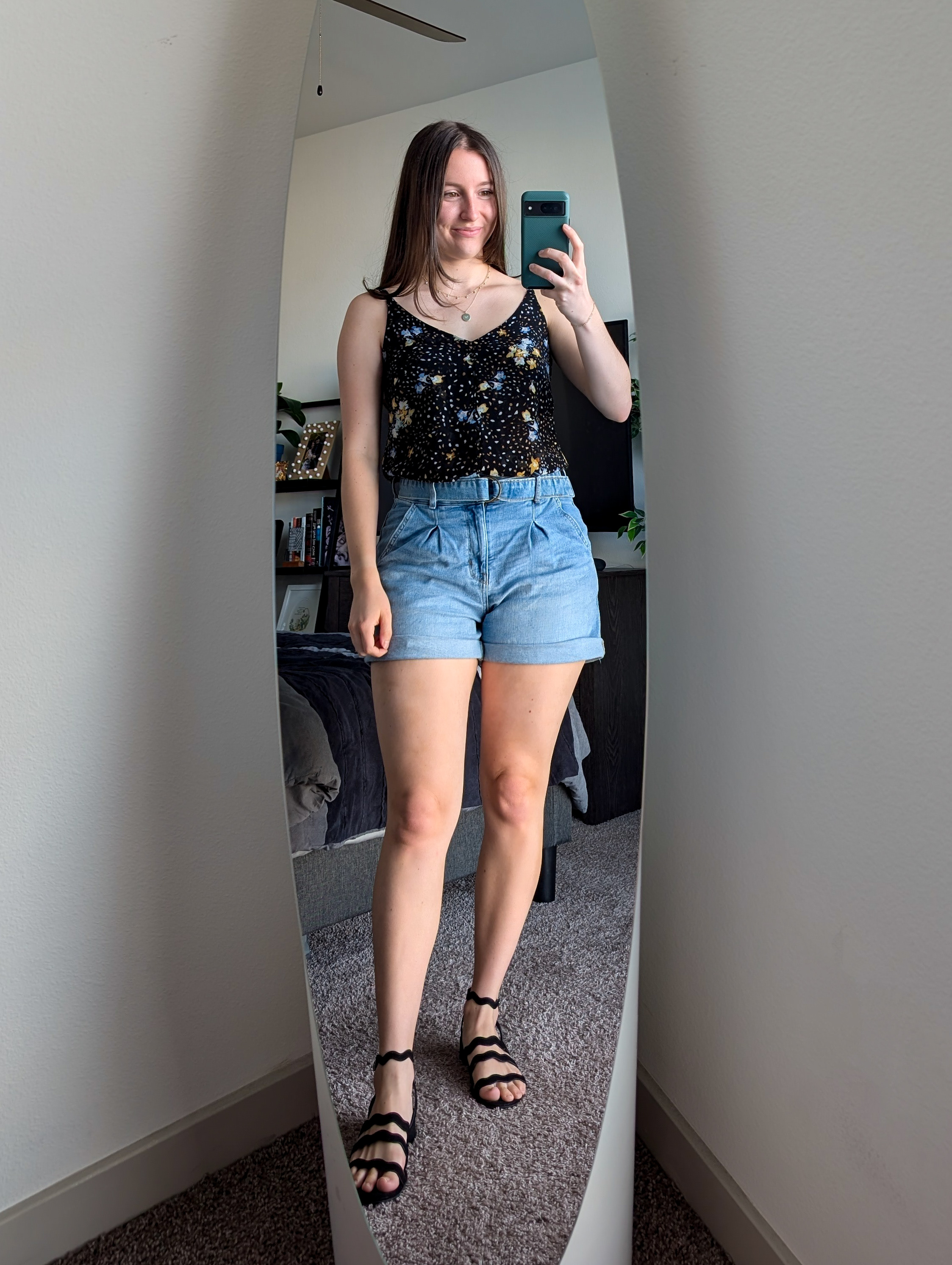 black floral tank cabi light wash denim paperbag waist shorts black wavy sandals macy's