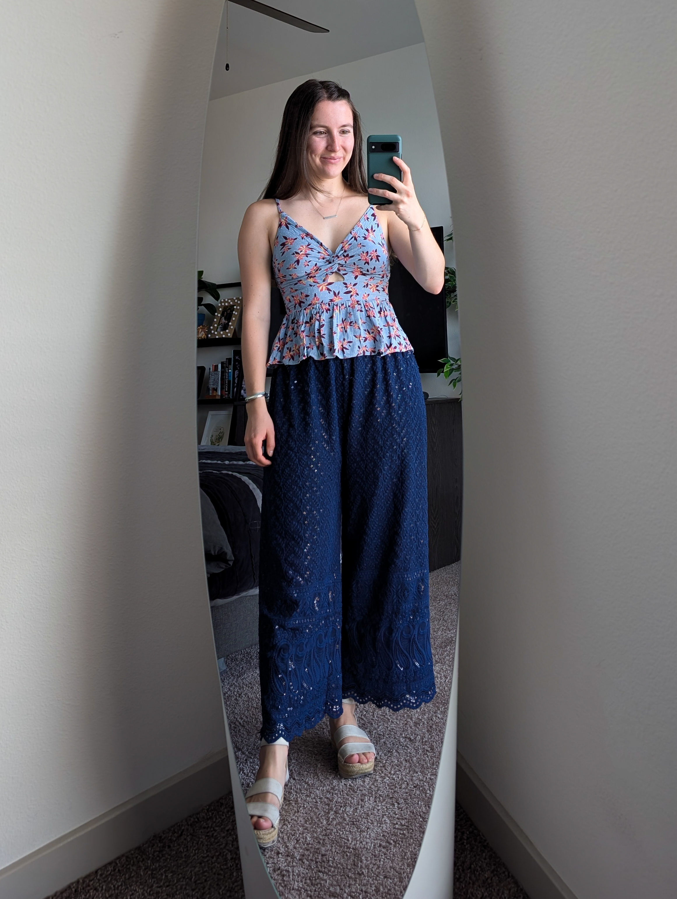 blue floral peplum top navy palazzo pants white espadrilles