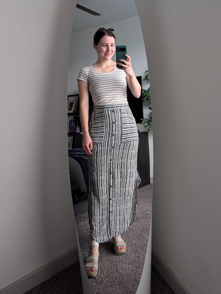 pattern mixing striped tee maxi skirt bohme down east style white espadrilles summer boho style