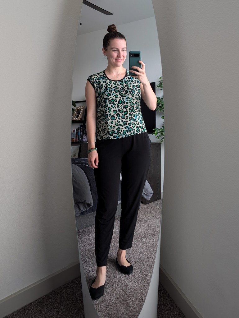 green leopard top cabi clothing black jogger pants clara sunwoo business casual black rothys