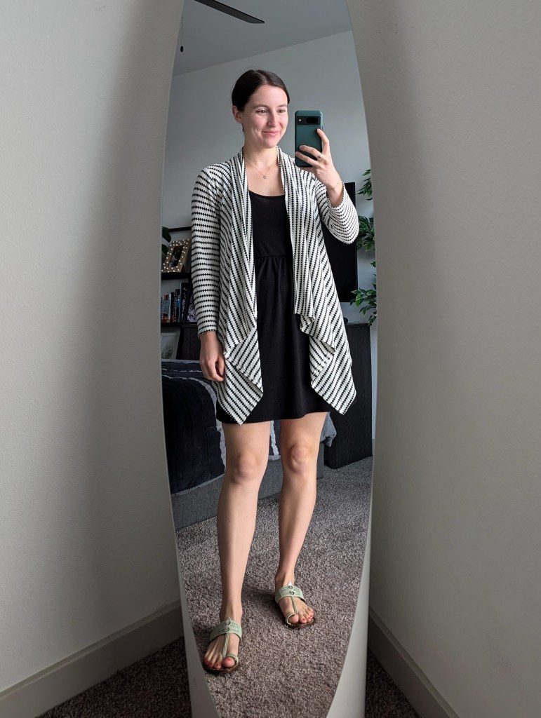 black tank dress white and black cardigan mint sandals