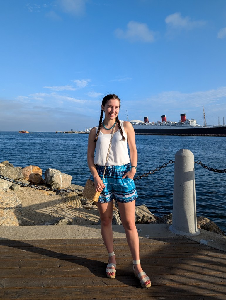 white blouse turquoise shorts printed jcpenney shoplc purse white espadrilles summer outfit