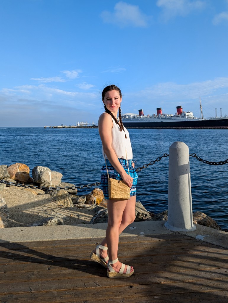 white thrifted blouse wicker purse shoplc white espadrilles dsw vacation outfit