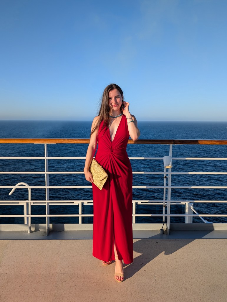 red maxi dress clara sunwoo gown raffia purse clutch nude heels amazon fashion plunging neckline