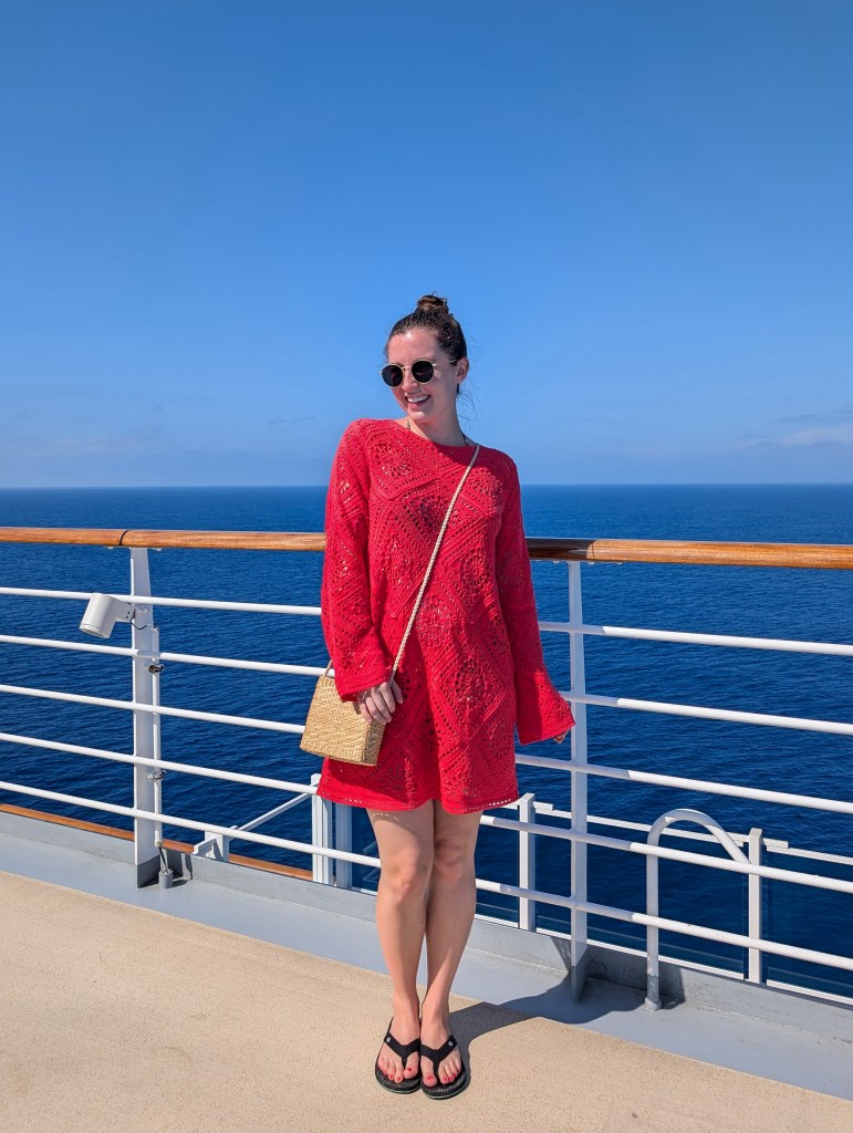 tjmaxx swimsuit coverup red orange dress wicker purse flip flops cruise outfits pool day