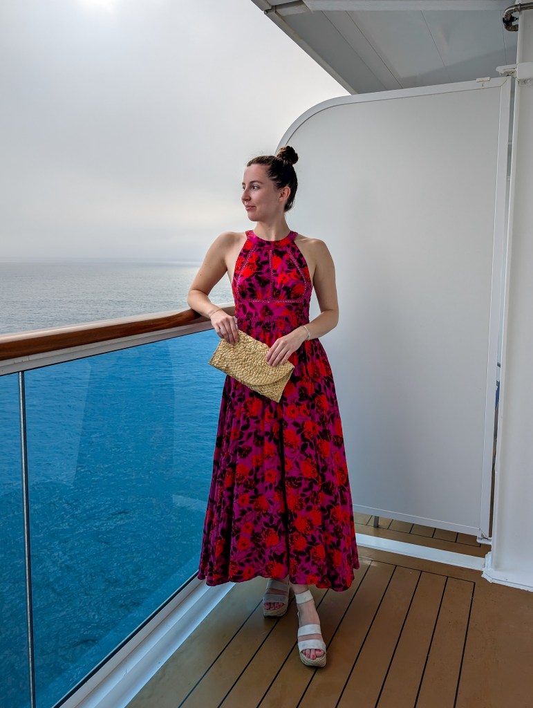 cruise outfit red printed maxi dress white espadrilles raffia clutch dinner outfit