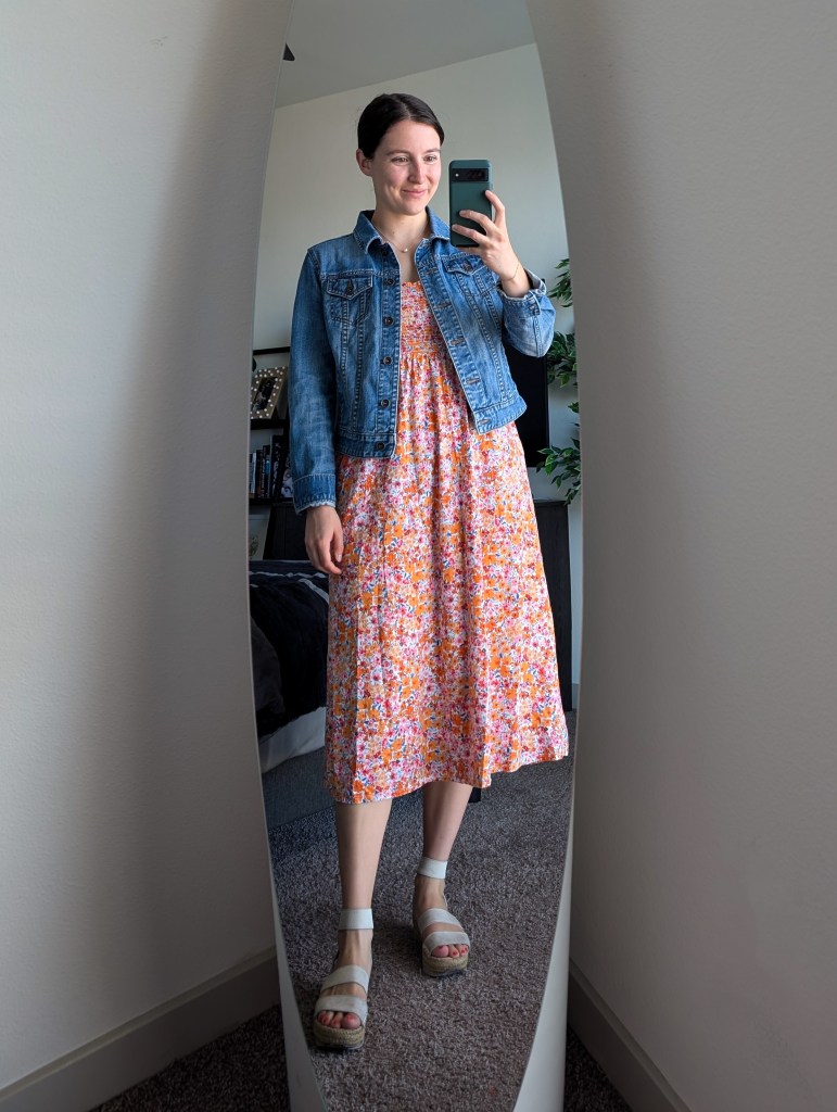 floral maxi dress denim jacket old navy white espadrilles summer style