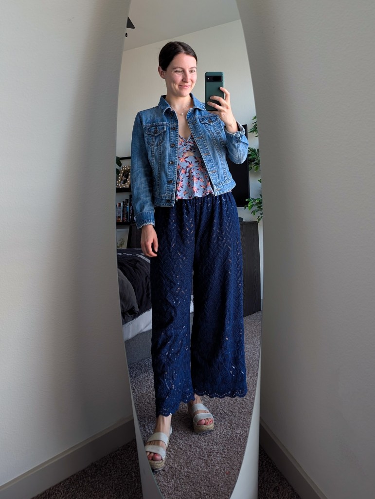 denim jacket navy palazzo pants peplum top white espadrilles