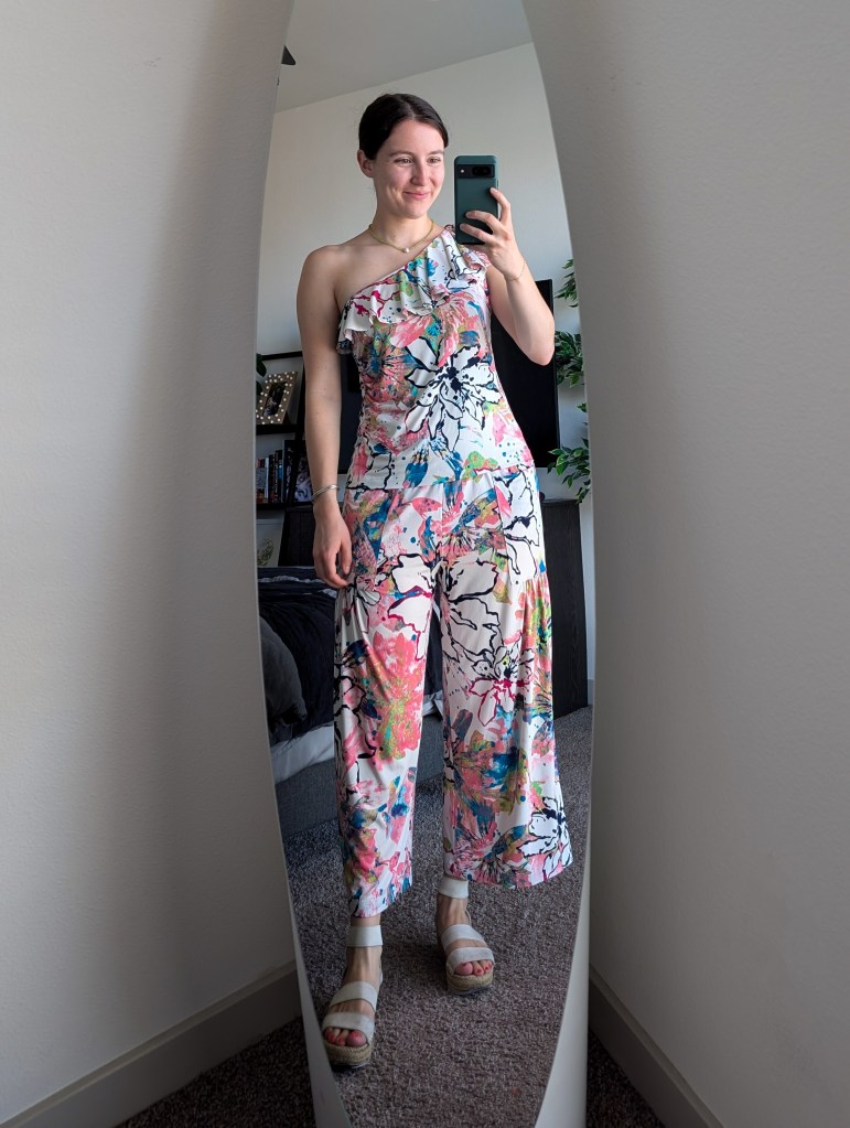 matching set clara sunwoo jumpsuit resort wear printed set one shoulder ruffle blouse white espadrille sandals