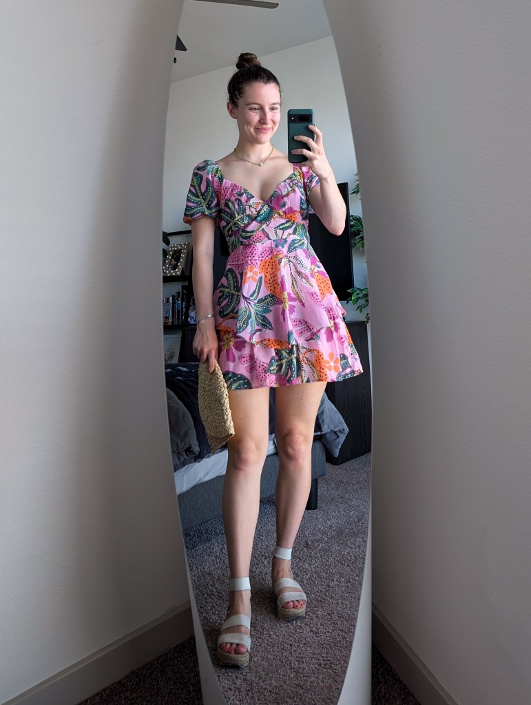 printed dress summer cruise night outfit white espadrilles