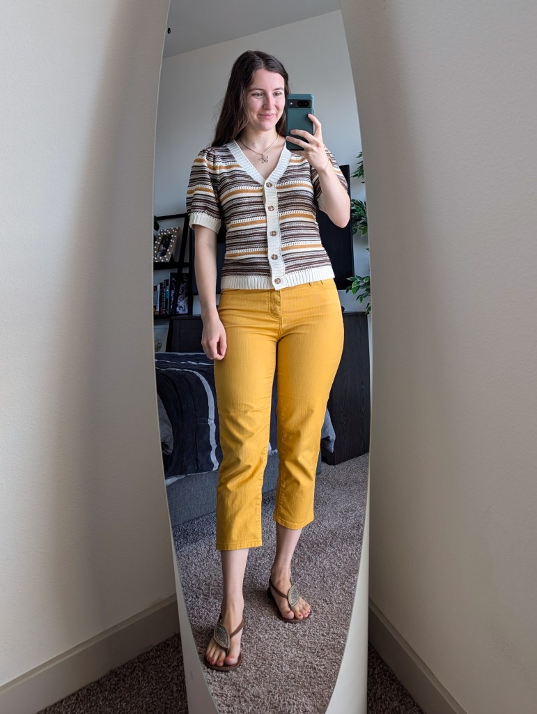 striped sweater yellow pants jcpenney transitional outfit fall style