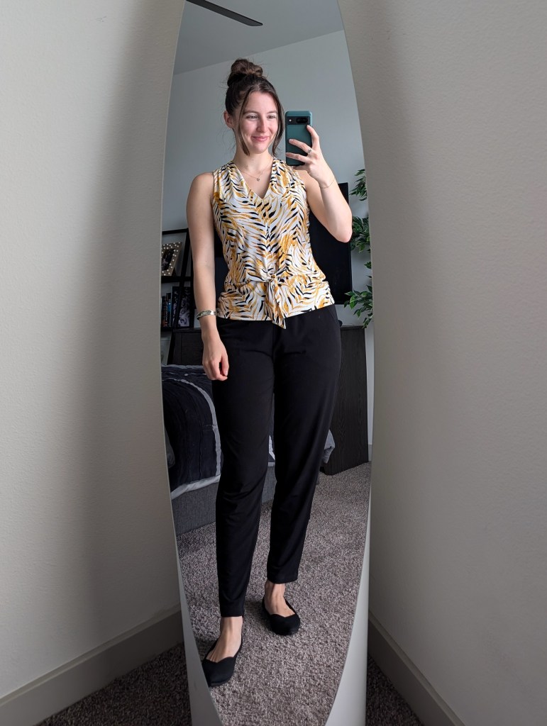 yellow printed blouse clara sunwoo pants black joggers rothys