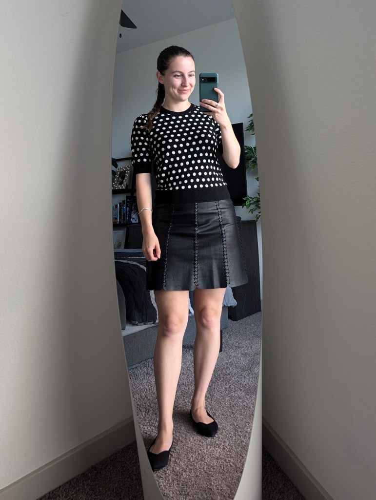 work wear polka dot sweater leather skirt black rothys business casual
