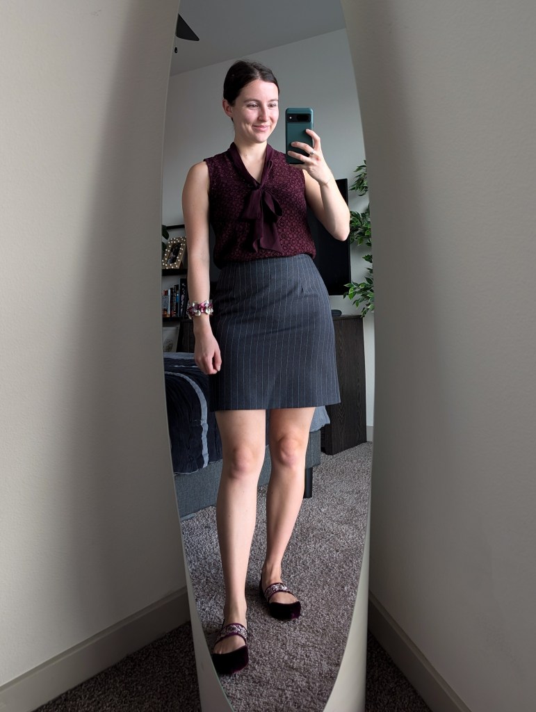 maroon tieneck blouse pinstripe pencil skirt business casual professional outfits velvet flats