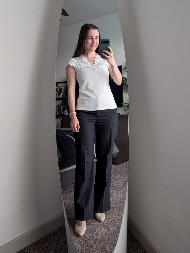 off white blouse lace h&m grey windowpane trousers thrifted vivaia heels