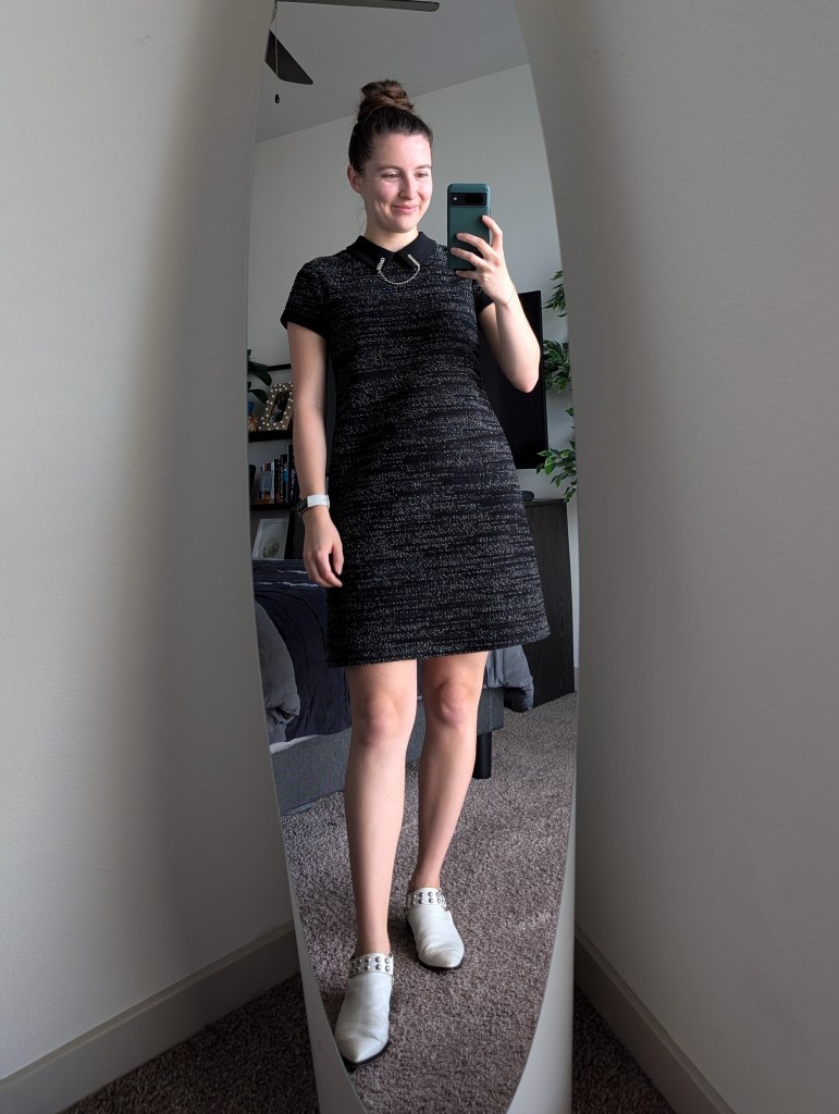 black tweed dress collared dress macys business casual white mules