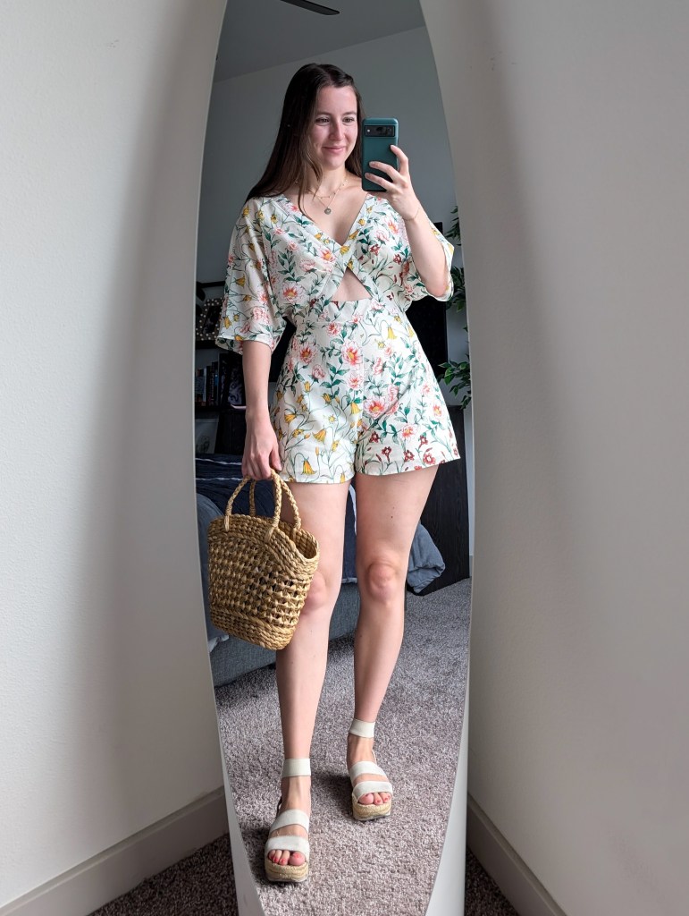 floral romper thrifted basket purse secondhand style white espadrilles
