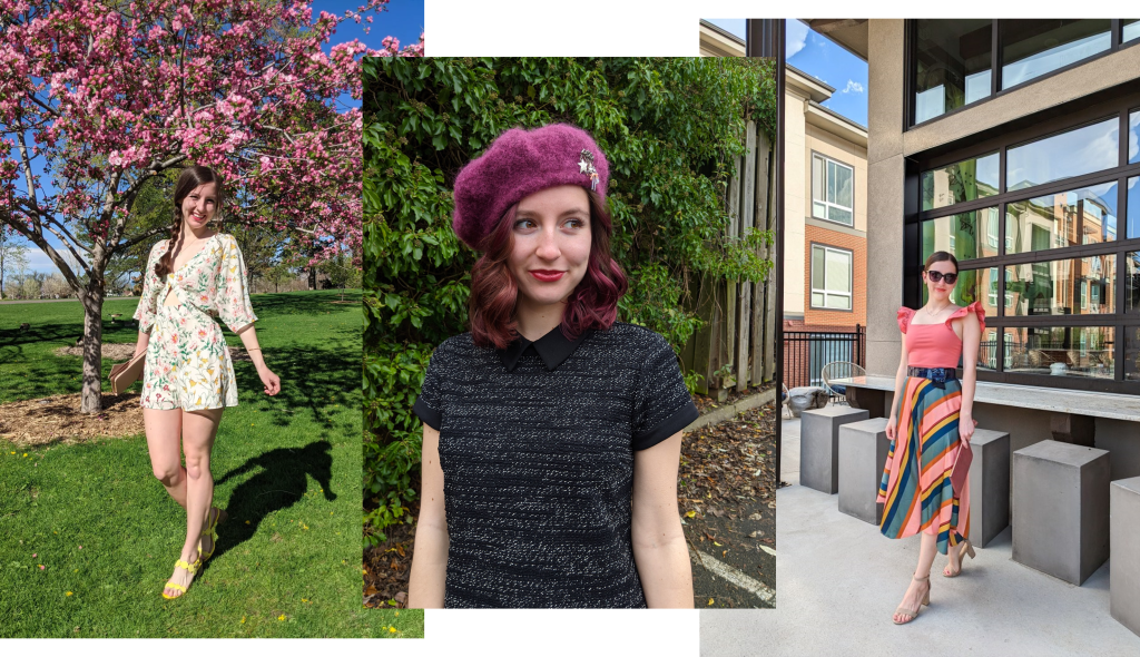 A three-photo collage of a fashion blogger wearing a beige floral romper, a magenta beret and black collared dress, and a salmon-collared top with a striped midi skirt.