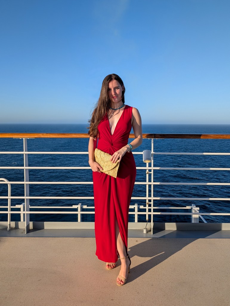 what to wear on a cruise red dress red gown clara sunwoo formal night plunging neckline