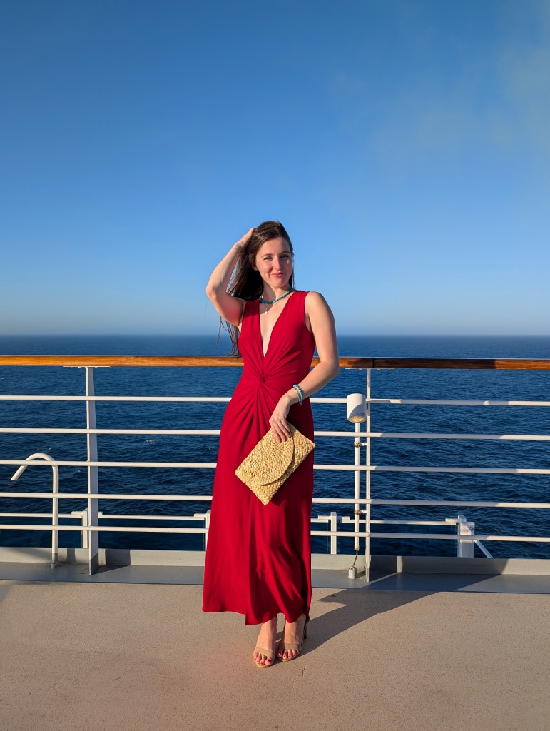 nude heels summer fashion resort wear red gown cruise ship elegant night clara sunwoo