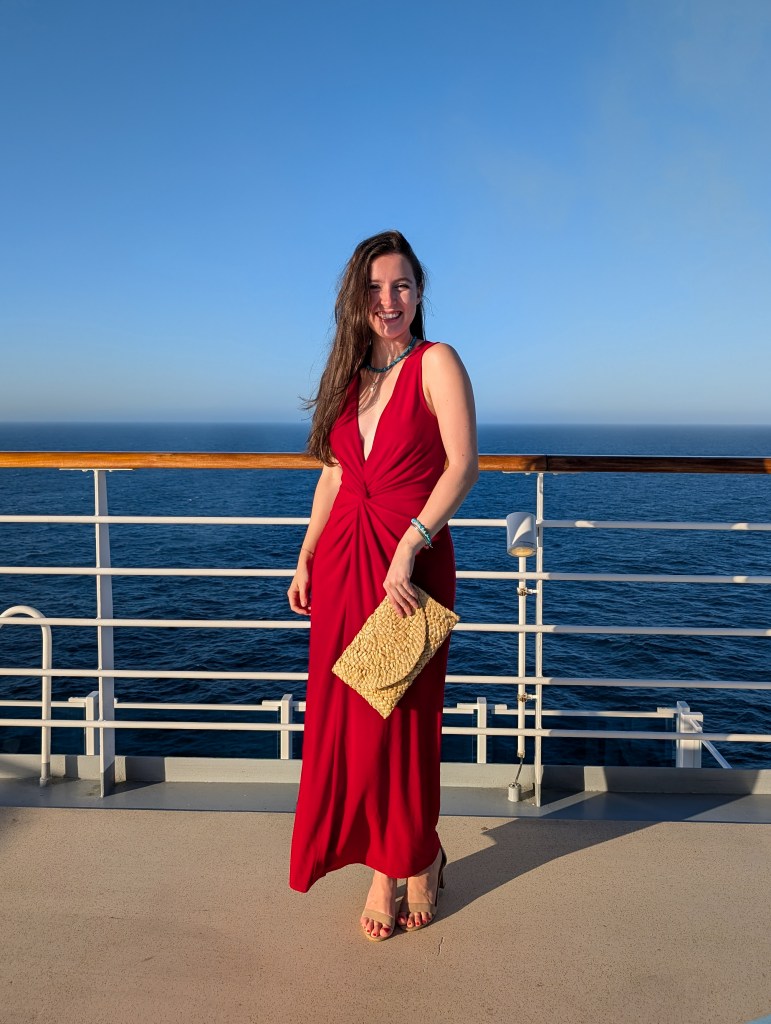 red dress raffia clutch cruise ship elegant night plunging neckline clara sunwoo