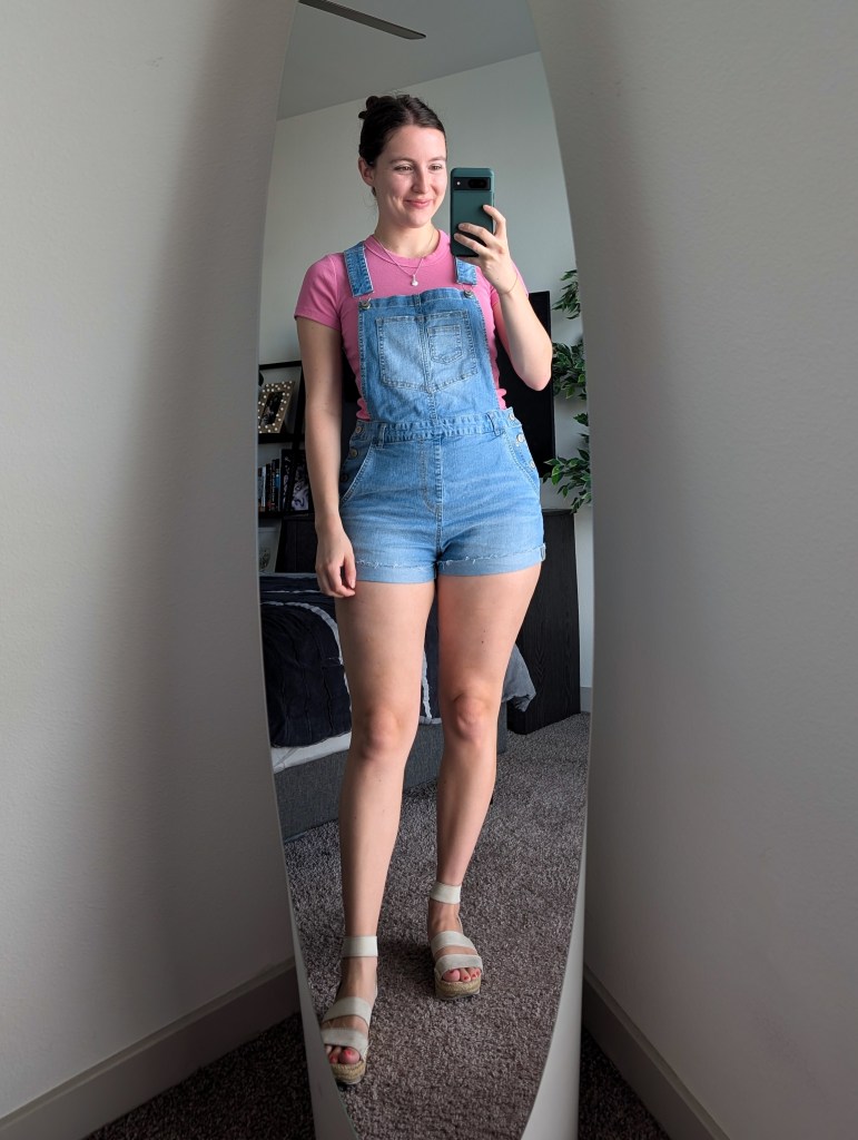 overalls pink ribbed tee old navy pollux boutique grand junction white espadrilles DSW