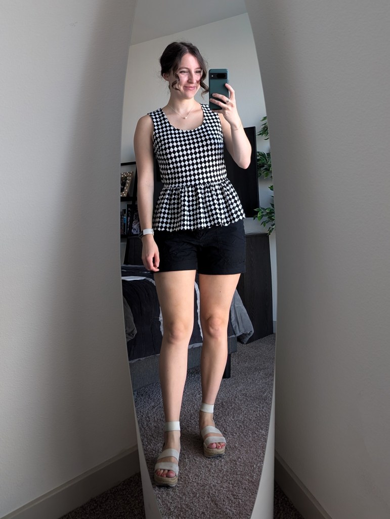 checkered peplum top charming charlie scalloped edges black cargo shorts jcpenney curtain bangs white espadrilles