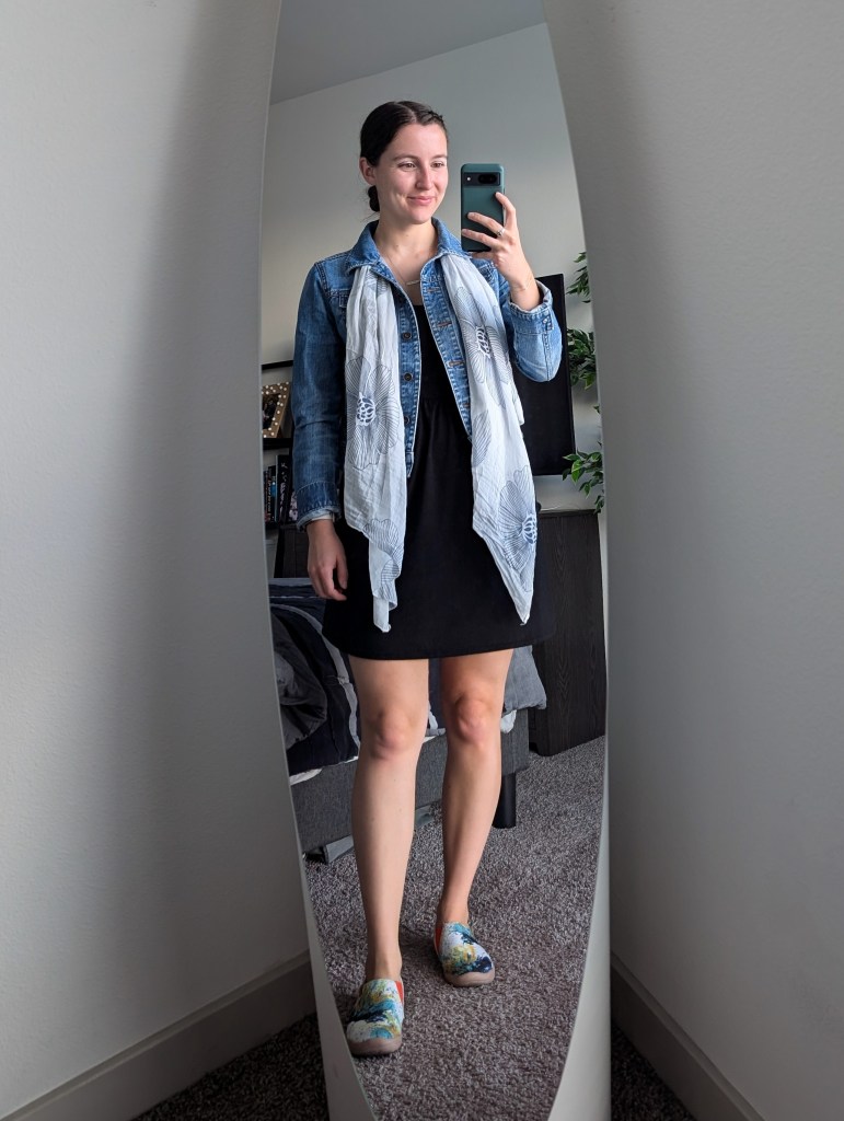 black tank dress white and blue scarf denim jacket uin sneakers