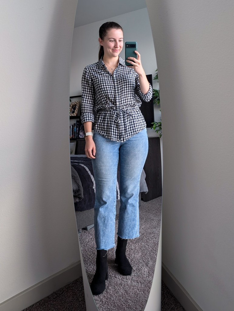 black and white buffalo check button down cropped flared jeans express black vivaia booties