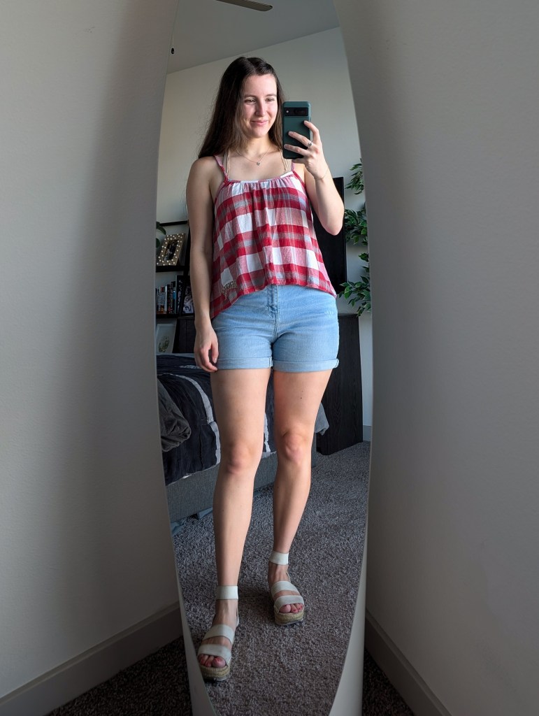 red and white printed top summery style denim shorts jcpenney white espadrilles dsw