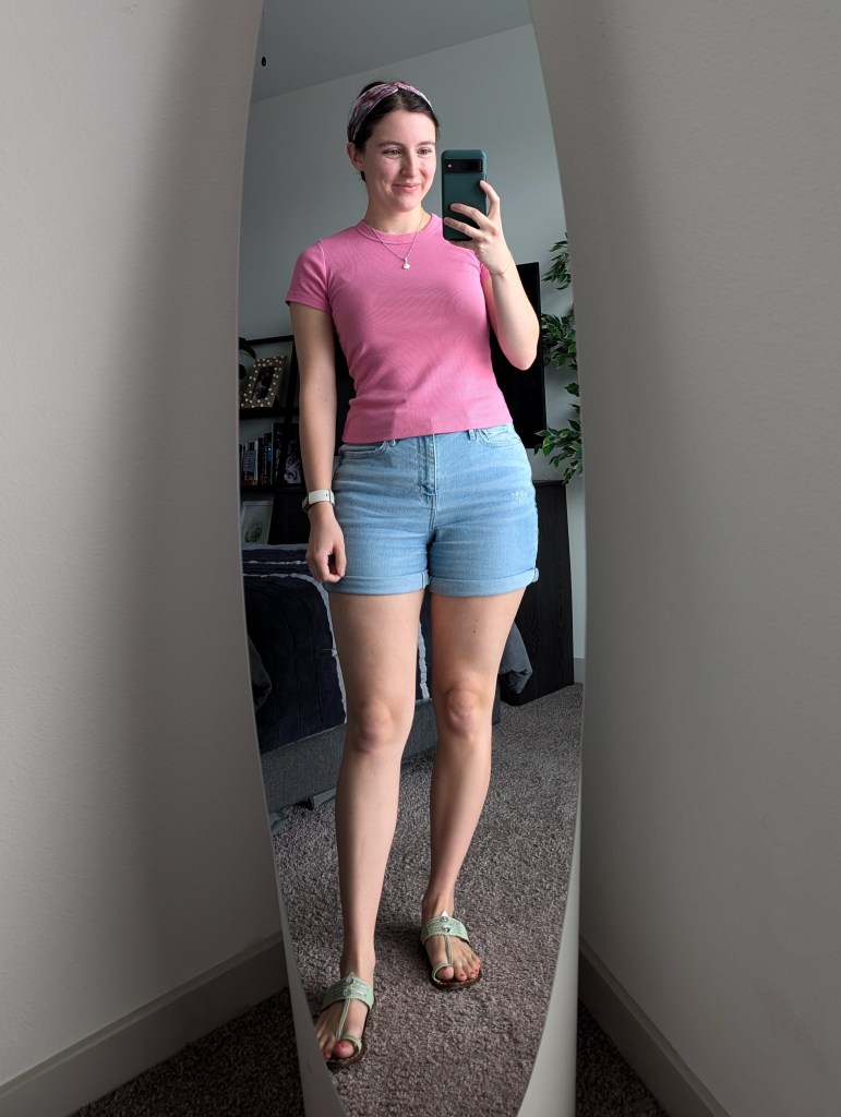 pink ribbed tee old navy denim shorts jcpenney mint sandals hair scarf