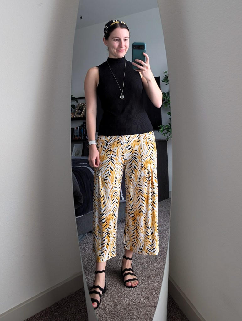 black mockneck top jcpenney yellow printed gaucho pants clara sunwoo black sandals