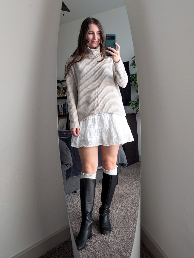 beige ribbed sweater white peasant skirt black knee boots fall fashion