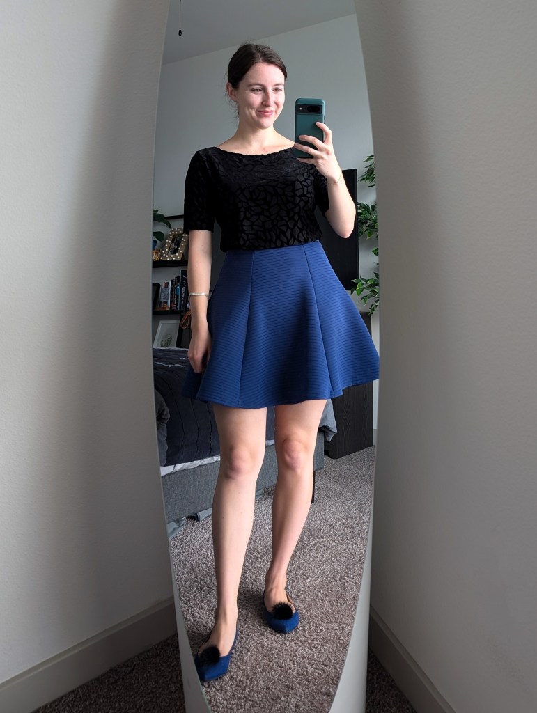 black velvet blouse blue skirt francescas work outfit blue flats black pom pom shoe clips