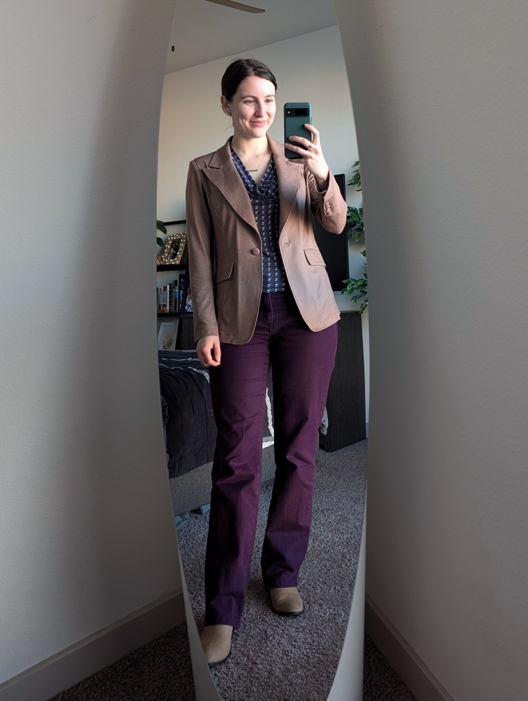 grey cowl neck blouse brown blazer liquid leather clara sunwoo work outfit purple pants eggplant taupe booties