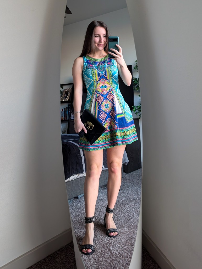 geometric print dress fit and flare thrifted secondhand style black heels frye sundance outlet black clutch elephant