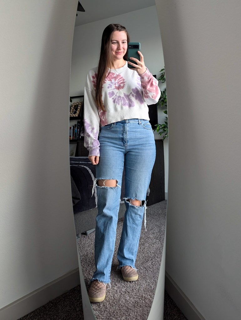 tie dye sweatshirt denim ripped straight leg jeans express steve madden sneakers