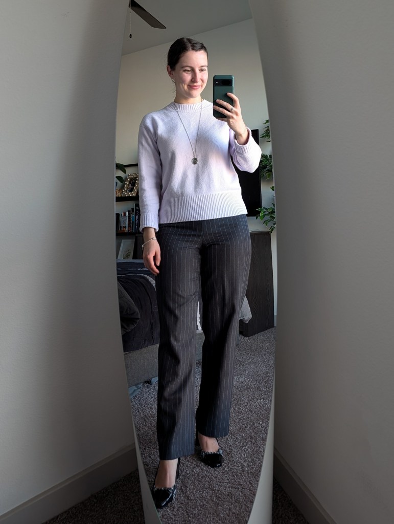 purple sweater pinstripe pants hand-me-down secondhand fashion tjmaxx heels work outfit professional style