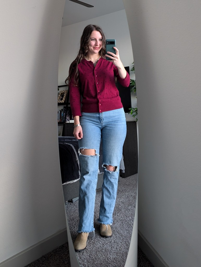 maroon cardigan polka dots fall fashion ripped straight leg jeans express taupe booties