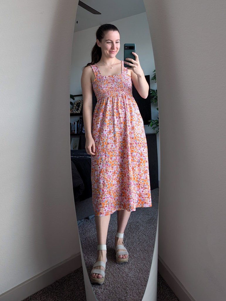 floral maxi dress old navy smocked top summer outfit white espadrilles
