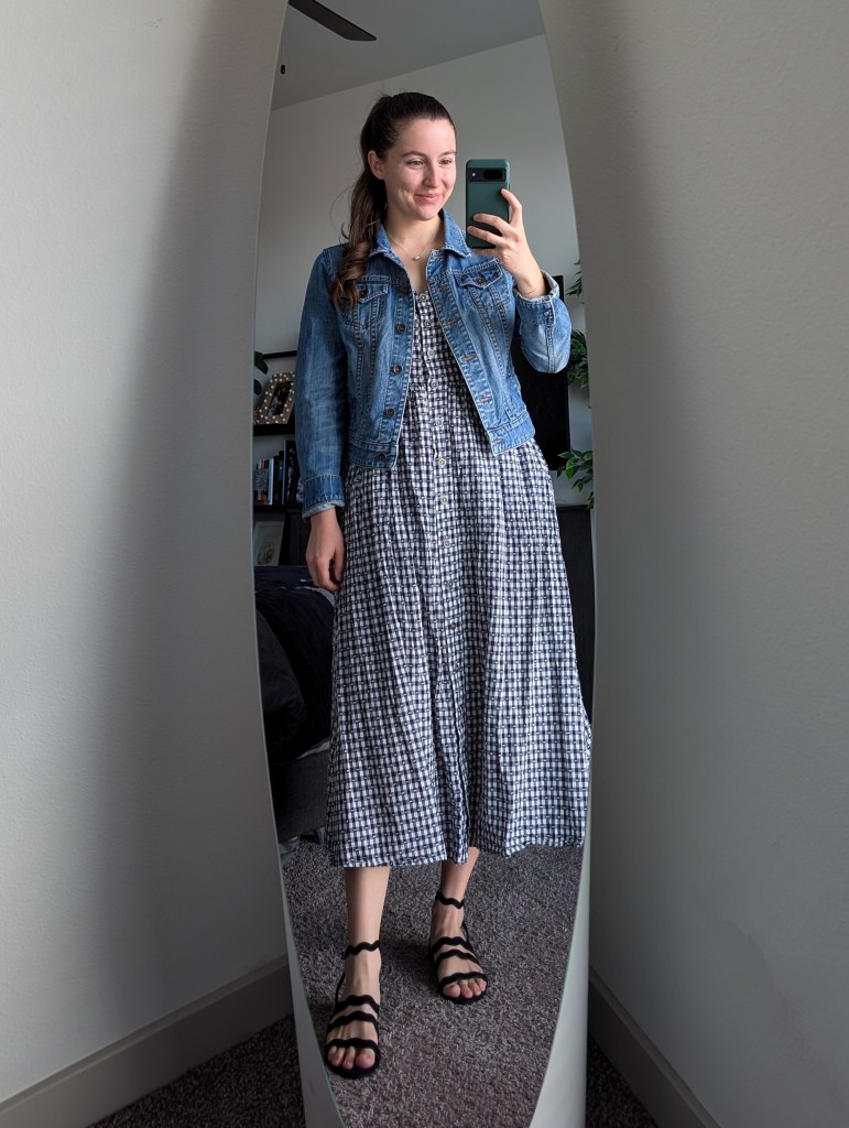 gingham dress thrifted fashion secondhand style denim jacket black sandals