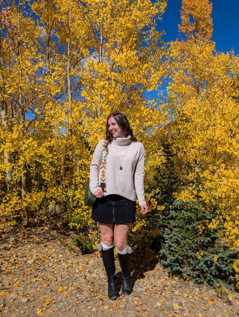 ribbed sweater crossbody purse black skirt corduroy knee boots pom pom socks