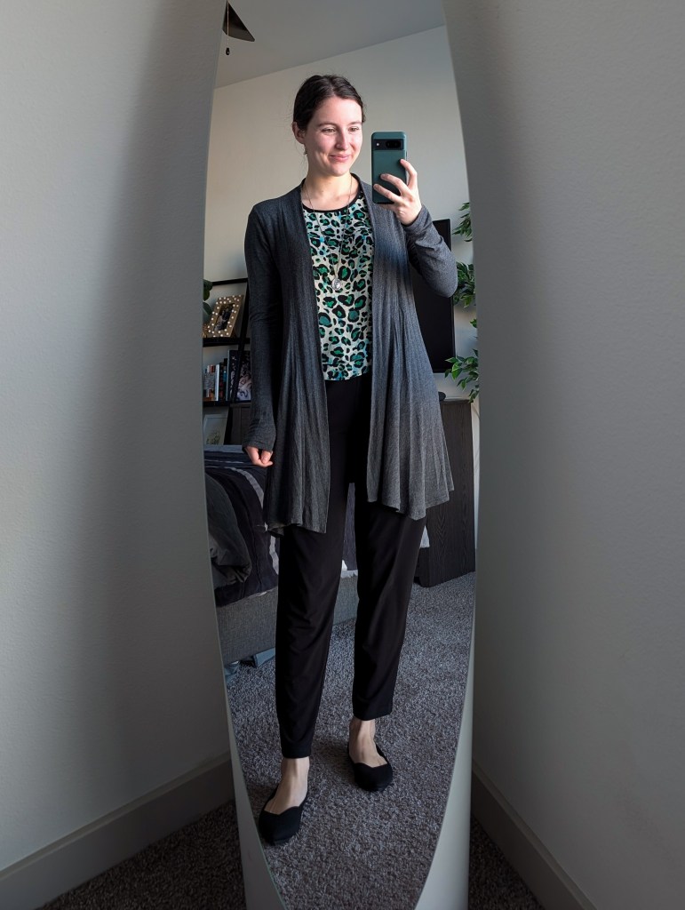 clara sunwoo pants green leopard top grey cardigan black rothys